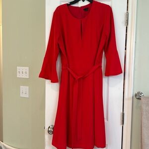 Ann Taylor Red Dress, belted, bell 3/4 sleeve. Size 14